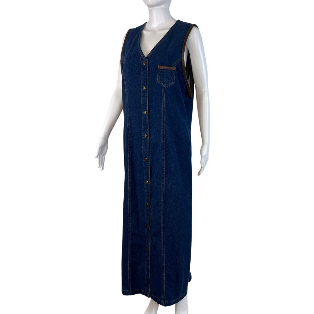 Vintage Blast Point Button Down Denim Leather Trim Sleeveless Western Dress (L)